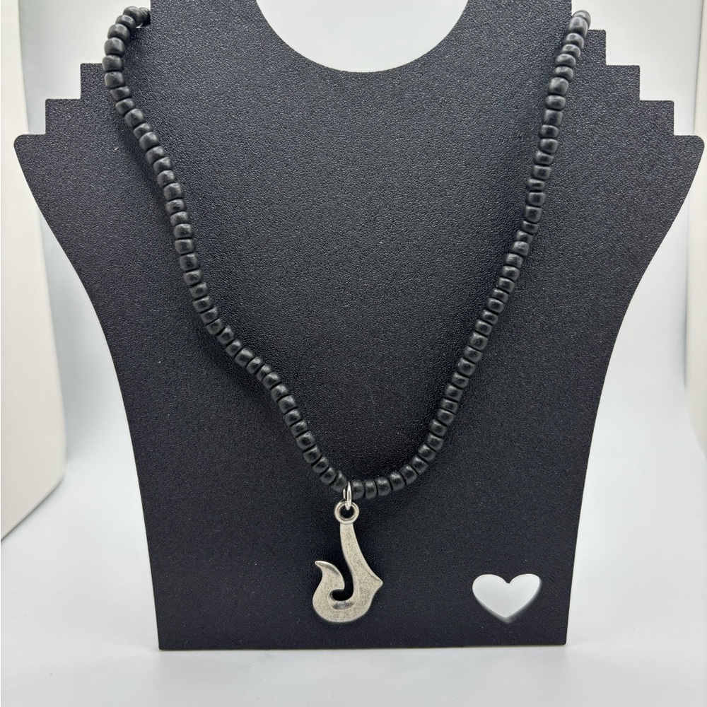 Black Beaded Necklace Silver J Pendant